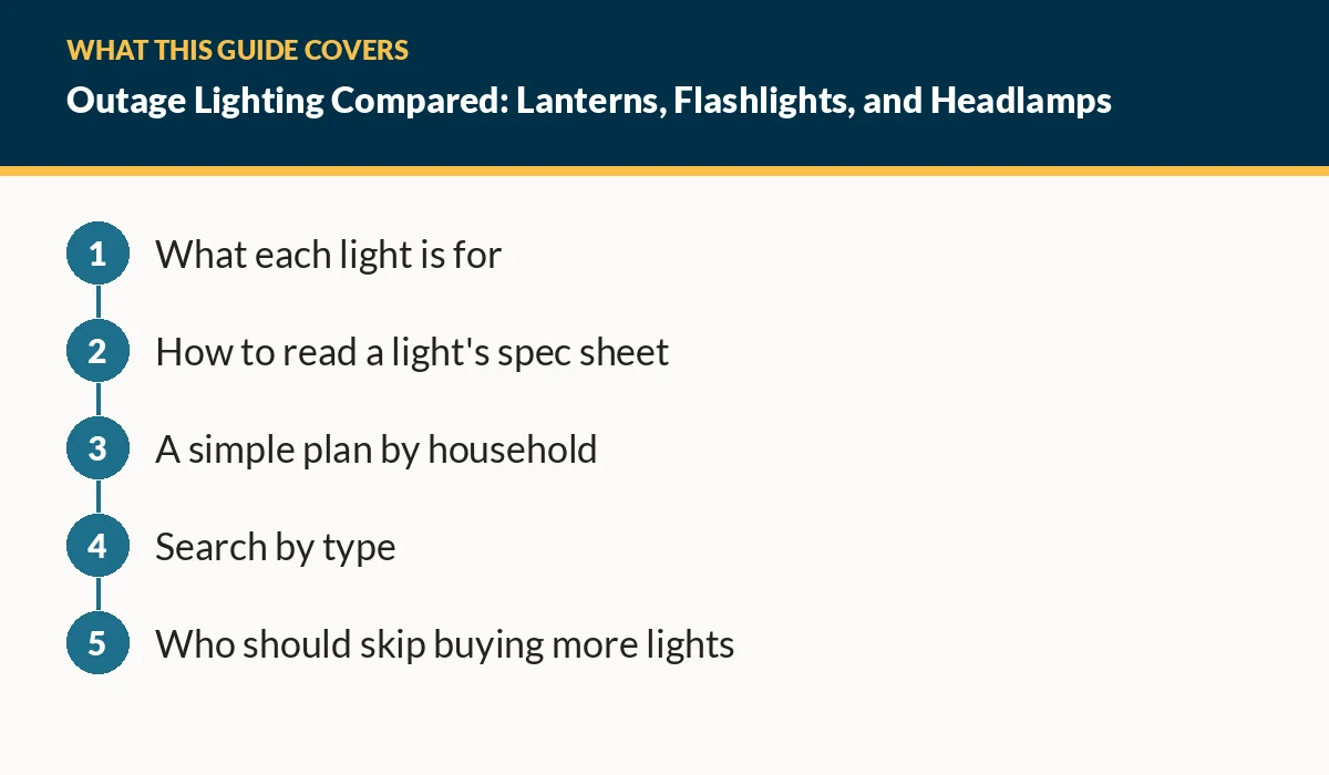 Diagram of the sections in this guide: What each light is for; How to read a light's spec sheet; A simple plan by household; Search by type; Who should skip buying more lights