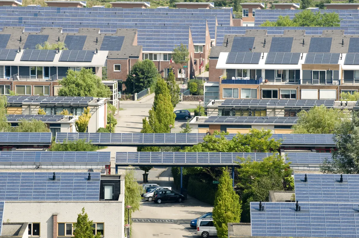 Rows of homes with rooftop solar panels