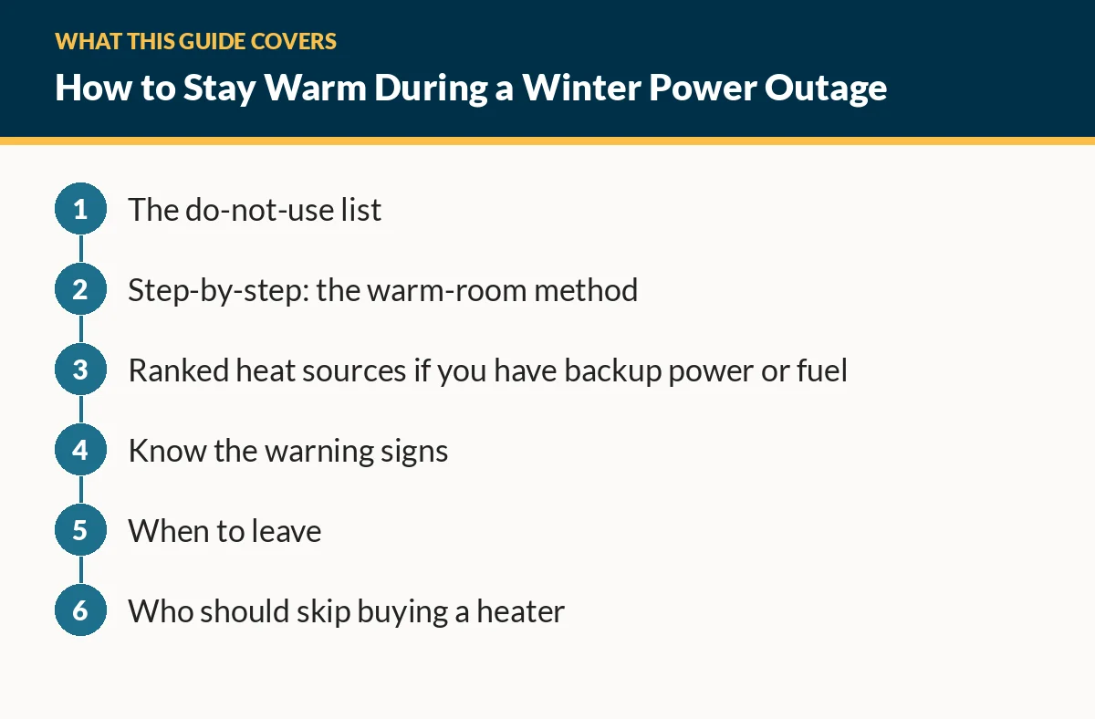 Diagram of the sections in this guide: The do-not-use list; Step-by-step: the warm-room method; Ranked heat sources if you have backup power or fuel; Know the warning signs; When to leave; Who should skip buying a heater